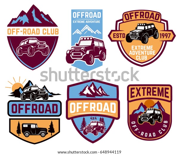 Set of four off-road suv car emblems.\
Extreme adventure club. Vector\
illustration