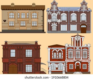 Set of four old European Russian brick houses.