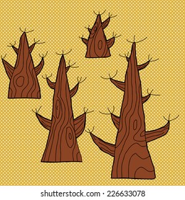 Set of four old trees over brown halftone pattern