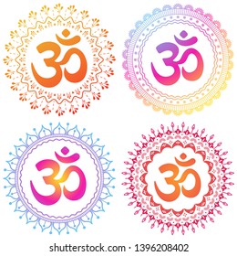 Set of four OM symbols mandala. Decorative ornament in oriental style with ancient Hindu mantra.