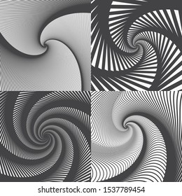 Set of Four Op Art Backgrounds. Spirals of Concentric Linear Shapes. Hypnotic Patterns. Monochrome Vector Illustration