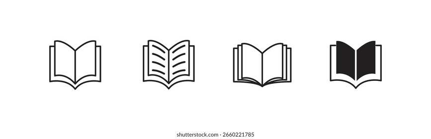 Set of four open book icons with different styles, suitable for education or publishing.