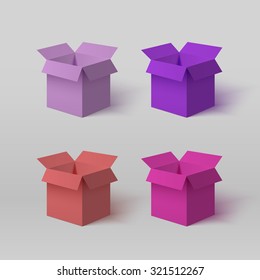 Set of four open isometric colorful boxes for your design isolated on the light background. Open isometric gift boxes. Delivery isometric box. Set of gift isometric boxes. Parcel isometric box.Package