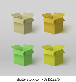 Set of four open isometric colorful boxes for your design isolated on the light background. Open isometric gift boxes. Delivery isometric box. Set of gift isometric boxes. Parcel isometric box.Package
