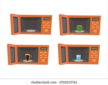Un conjunto de cuatro hornos de microondas abiertos con té, agua y café sobre un fondo blanco. Ilustración vectorial plana.