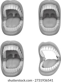 Un conjunto de cuatro bocas abiertas, representadas en un patrón de puntos semitono blanco y negro. Adecuado para representar gritos o vocalización.