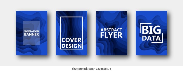 A set of four options for banners, flyers, brochures, cards, posters for your design, in blue colors. Paper style. 10 eps
