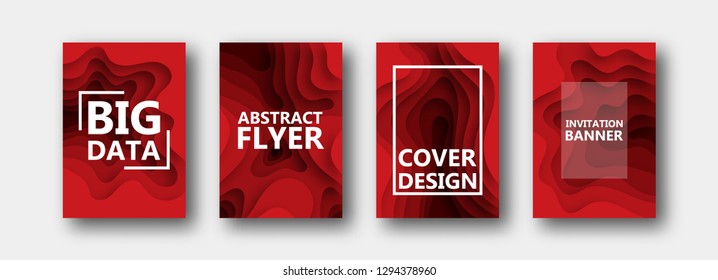 A set of four options for banners, flyers, brochures, cards, posters for your design, in red colors. Paper style. 10 eps