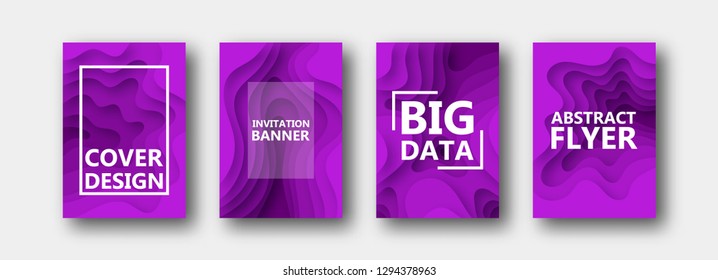 A set of four options for banners, flyers, brochures, cards, posters for your design, in purple colors. Paper style. 10 eps