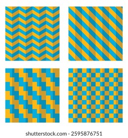 Set of four orange and blue checkered flag patterns. Different shape arrowd and checker lines for racing designs