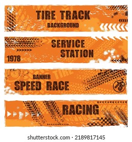 Set of four orange grunge banners with different tire track marks and sample text. Custom made transportation design elements for defferent sport competitions and invitations