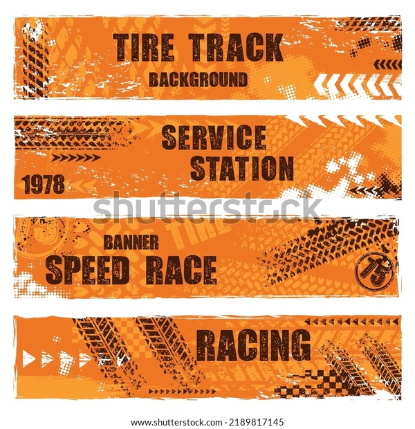 Set of four\
orange grunge banners with different tire track marks and sample\
text. Custom made transportation design elements for defferent\
sport competitions and\
invitations