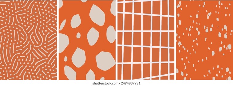 Set of four orange and white abstract patterns featuring organic shapes, lines, and grids. Ideal for modern design projects, backgrounds, and creative visual compositions.