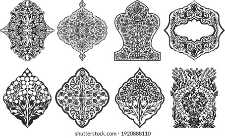 Set of four oriental Uzbek, Persian, Arabian asian boho style damask islamic ornamental motifs and elements in black and white colors. Vector stock illustration.
