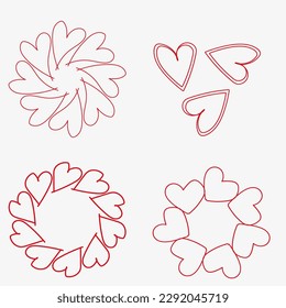 A set of four original patterns in the form of hearts of various shapes, red.