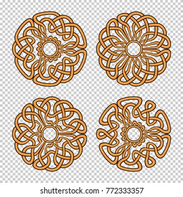 Set of four ornamental round rosettes on a transparent background. Celtic patterns from knots and twisted lines. Vector 10 EPS illustration.