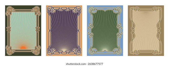 Set of four ornate Art Nouveau vintage frames with sunburst patterns, elegant floral curves, and retro color schemes. Ideal for posters, invitations, or packaging