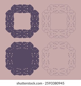 Set of four ornate square designs. Lace and doilies. Symmetrical motifs. Intricate details. Dark purple and light purple. Contrasting styles. Decorative art. Vintage aesthetic. Isolated elements. Flat