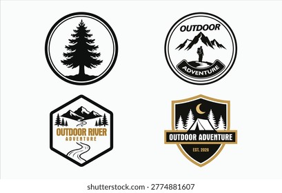 Set of four outdoor adventure logos, featuring trees, mountains, tents, and rivers for expeditions and exploration