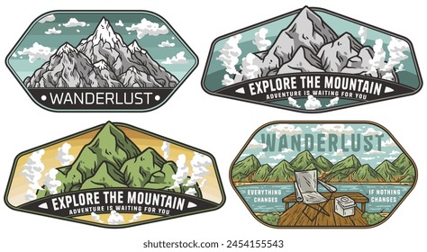 Set of four outdoor vintage badges mountain landscapes and camping for adventure spirit of exploration and the great outdoors. Sticker pack for travel nature hiking and camp. T-shirt print.