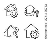 Set of four outline icons representing real estate concepts: house with gear, house with key and circular arrow