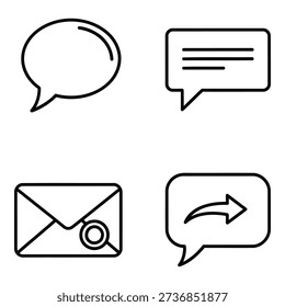 A set of four outline icons representing communication, messaging, and correspondence, including speech bubbles and an email envelope.