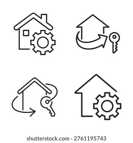 Set of four outline icons representing real estate concepts: house with gear, house with key and circular arrow