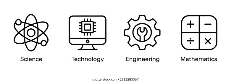 A set of four outline icons representing Science, Technology, Engineering, and Mathematics (STEM). Includes symbols for an atom, a computer monitor with a microchip, a gear with a wrench, and a calculator keypad. Ideal for educational, academic, or industry-related designs.