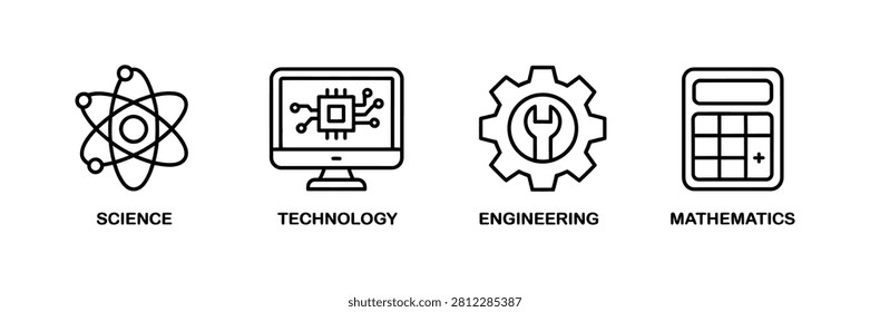A set of four outline icons representing STEM fields: Science, Technology, Engineering, and Mathematics. The icons feature an atom, a computer with a circuit board, a gear with a wrench, and a calculator, designed in a minimal line art style. Ideal for educational materials, websites, and presentations related to science, tech, and innovation.