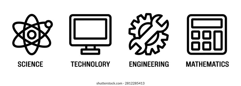 A set of four outline icons representing the fields of Science, Technology, Engineering, and Mathematics (STEM). The icons include an atom for science, a computer monitor for technology, a gear and wrench for engineering, and a calculator for mathematics. Ideal for educational materials, websites, presentations, and applications related to STEM subjects.