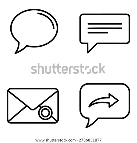 A set of four outline icons representing communication, messaging, and correspondence, including speech bubbles and an email envelope.
