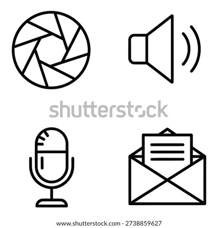 A set of four outline icons representing various aspects of multimedia, audio, and communication, including a camera aperture, speaker, microphone, and email.