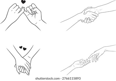 Set of Four Outline Line Art Romantic Couple Hand Illustrations Including Pinky Promise Holding Hands Handshake and Reaching Touch for Love Valentine Relationship Vector