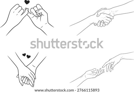 Set of Four Outline Line Art Romantic Couple Hand Illustrations Including Pinky Promise Holding Hands Handshake and Reaching Touch for Love Valentine Relationship Vector