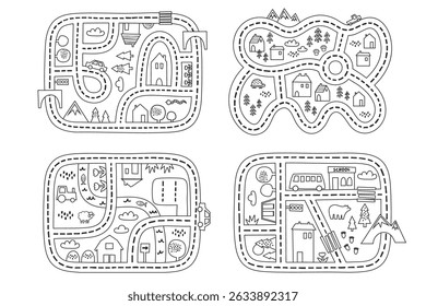 set of four outline road maps with school, farm, mountain and village themes in black line art style on white background, concept of coloring pages, toy maps, preschool education