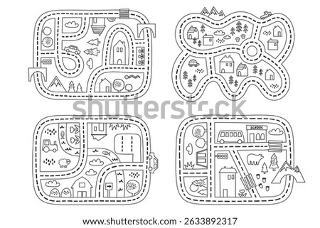 set of four outline road maps with school, farm, mountain and village themes in black line art style on white background, concept of coloring pages, toy maps, preschool education