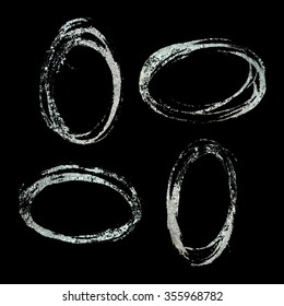 Set of four oval silver textured frames. Design element for inscription, banner, card, invitation, postcard, poster. Vector illustration.