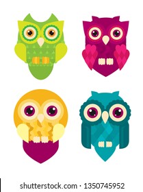 Set of four owls isolated on white background. Flat icons. Vector illustration.
