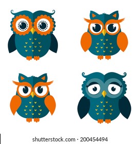 Set of four owls isolated on white background. Flat icons. Vector illustration.