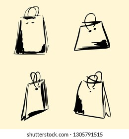 Set of four packages drawn black ink on the yellow background, isolated vector elements to shopping concept