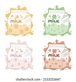 Set of four packs of milk in kawaii style. Strawberry, chocolate cherry, peach, mint.
