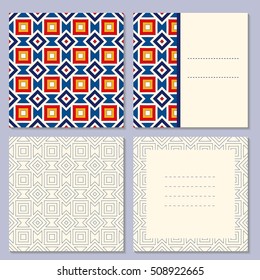 Set of four page greeting cards, invitation, flyers, brochures layout with outside and inside spread. Square format templates with bright and simple outline geometric pattern. Vector illustration.