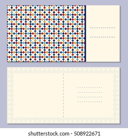 Set of four page greeting cards, invitation, flyers, brochures layout with outside and inside spread. Square format templates with bright and simple outline geometric pattern. Vector illustration.