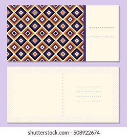 Set of four page greeting cards, invitation, flyers, brochures layout with outside and inside spread. Square format templates with bright and simple outline geometric pattern. Vector illustration.