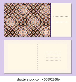 Set of four page greeting cards, invitation, flyers, brochures layout with outside and inside spread. Square format templates with bright and simple outline geometric pattern. Vector illustration.