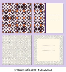 Set of four page greeting cards, invitation, flyers, brochures layout with outside and inside spread. Square format templates with bright and simple outline geometric pattern. Vector illustration.
