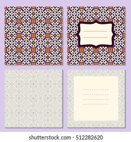 Set of four page greeting cards, invitation, flyers, brochures layout with outside and inside spread. Square format templates with bright and simple outline geometric pattern. Vector illustration.