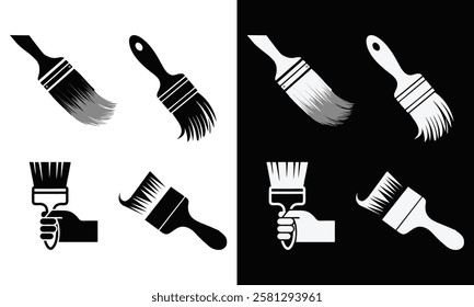 Set of Four Paint Brushes, Black and White background.Paint icon set. Paint brush icon in trendy flat style isolated on background. Paint brush icon page symbol for your web.