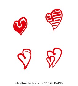 Set of four painted doodle red hearts. Flat vector template.