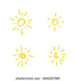 Pone cuatro soles amarillos pintados. Símbolos solares vectoriales. Fondo blanco aislado. Obtenido a mano.